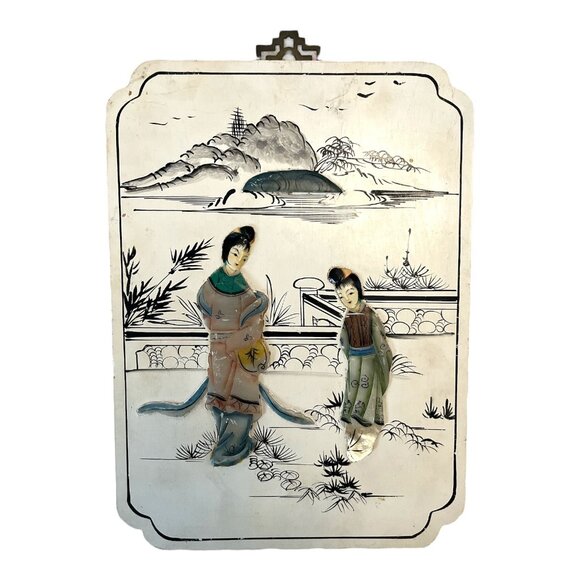 Vintage Mother-of-Pearl and Painted Wood Wall Plaque – Asian Scene – Made in Mac - Picture 1 of 5